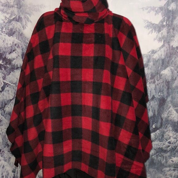 Handmade Hoodie Cowl Turtleneck Fleece poncho red black buffalo checker print - Picture 2 of 6